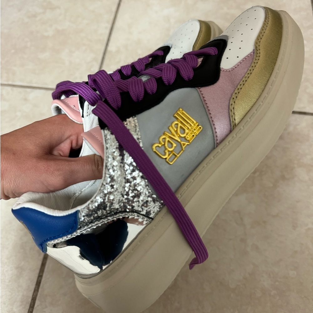Roberto Cavalli Glitter Colorblock Platform Sneakers New